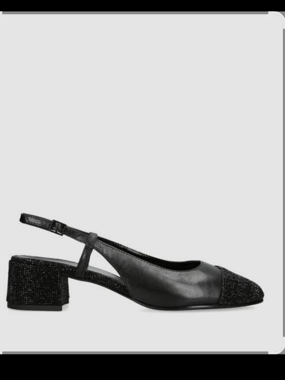 #701 Tory Burch black leather block heel slingback pumps with glittery embellish